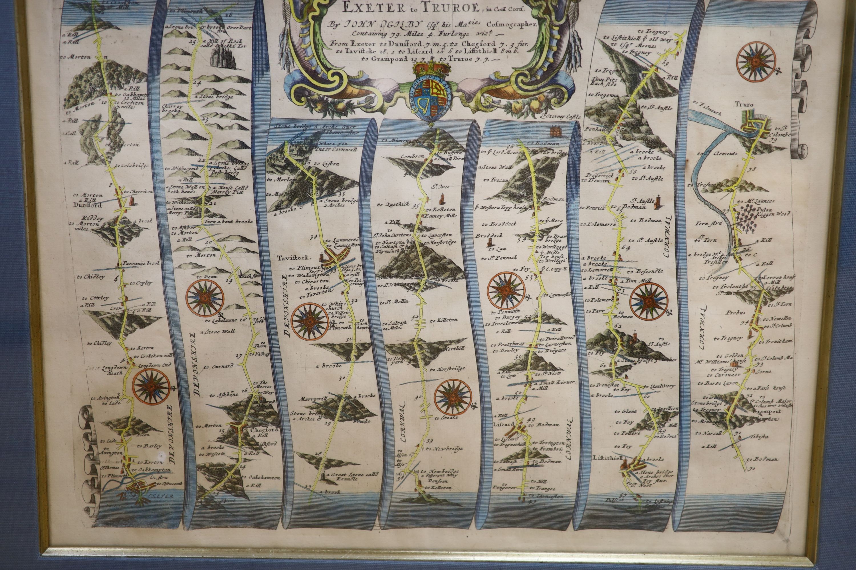 John Ogilby two coloured engraved road maps; Exeter to Truroe and Oxford to St Davids, 30 x 45cm.